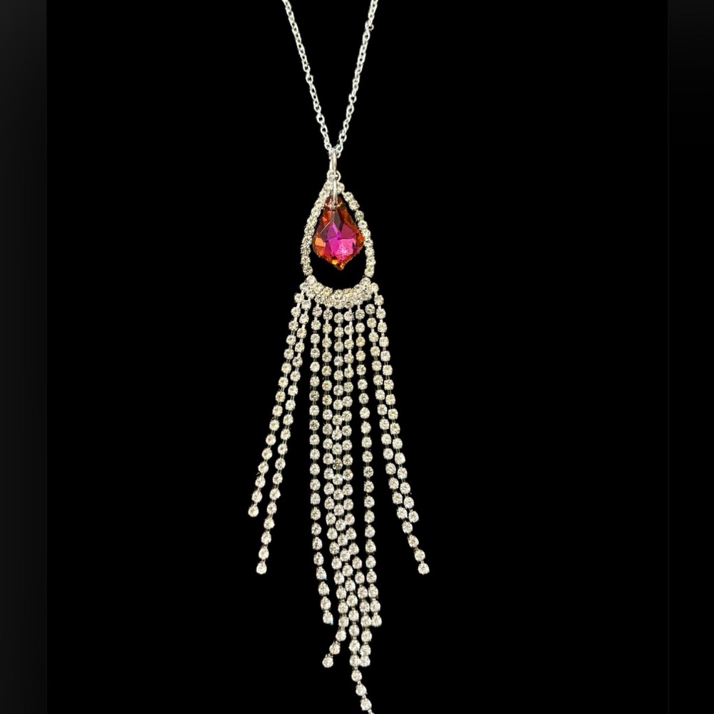 Elegant Silver and Red / Magenta Teardrop Necklace. NWT - Picture 1 of 6